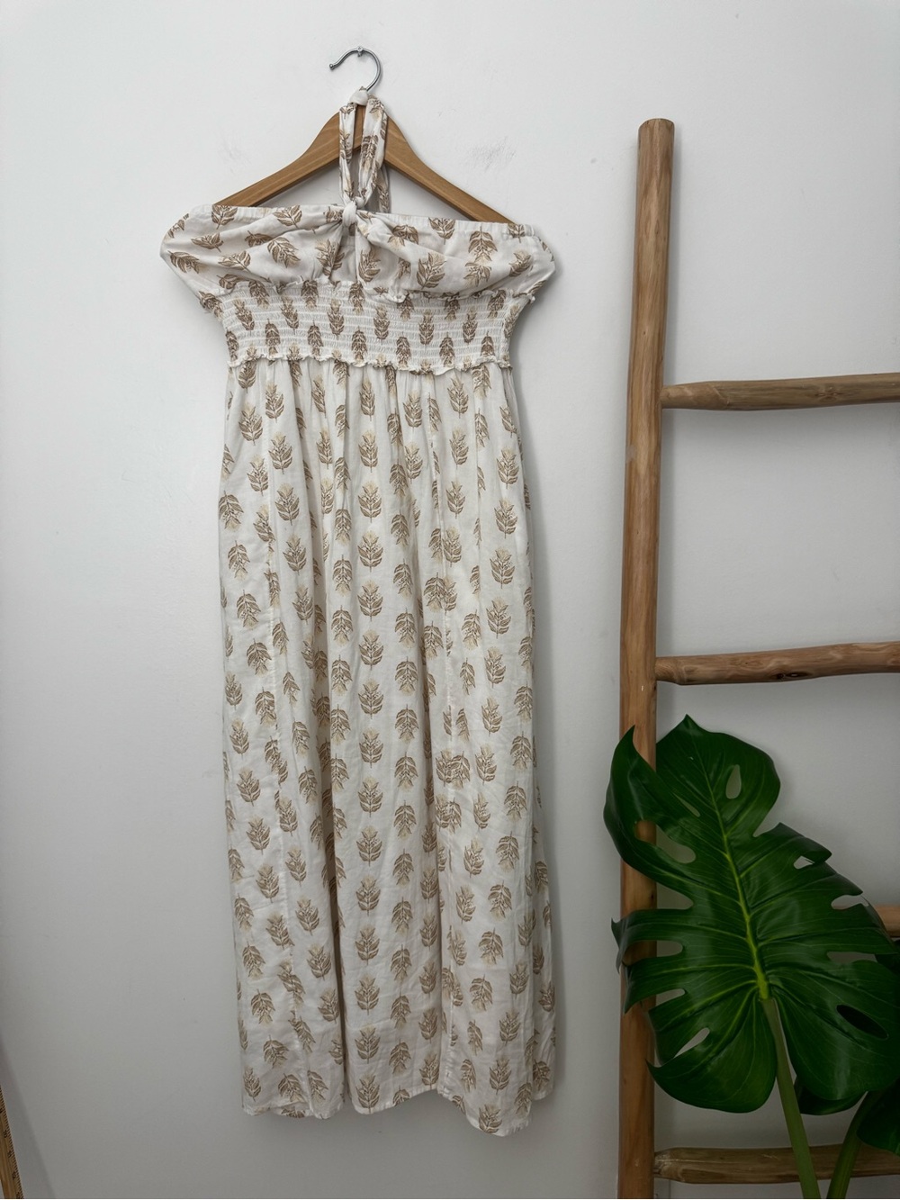 Old Navy Cream Halter Maxi Dress with Tan Leaf Print